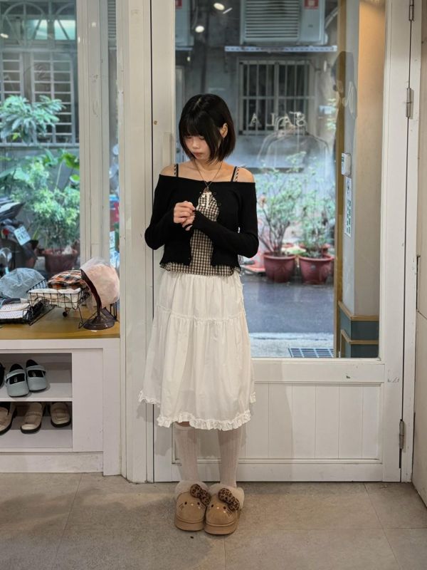 兩件式格紋蕾絲吊帶背心+針織罩衫兩件式 