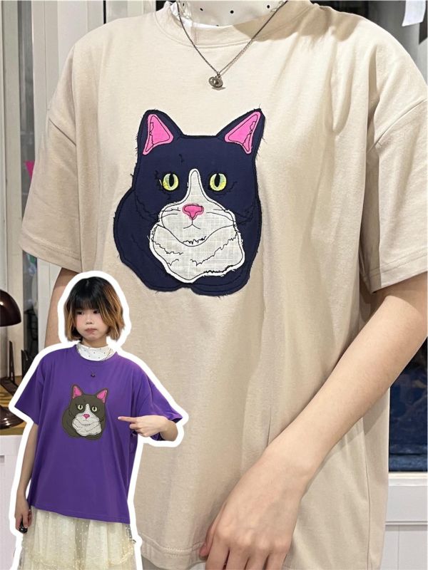 貓咪拼布刺繡短袖上衣 