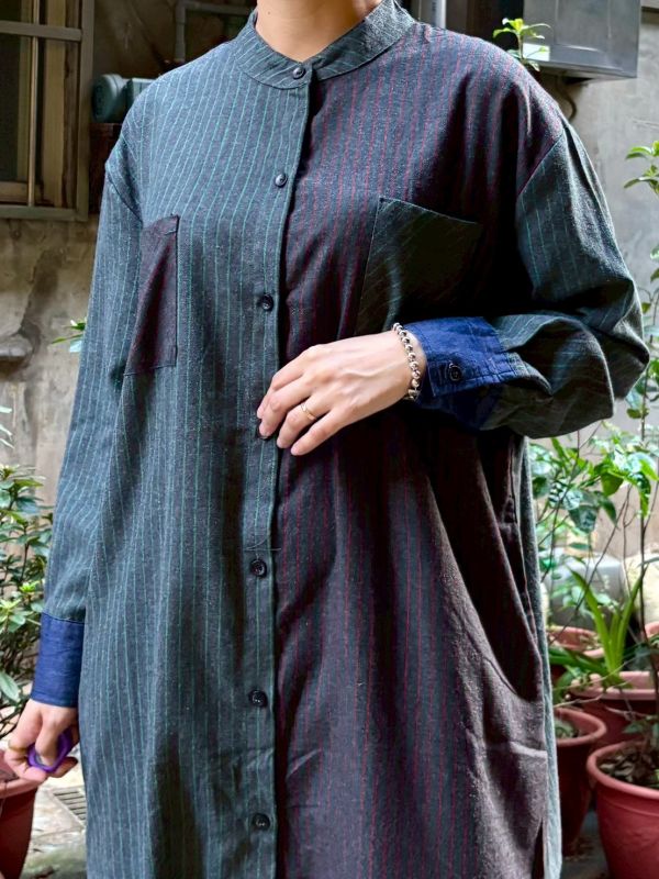 條紋拼接牛仔袖口長版襯衫洋裝 