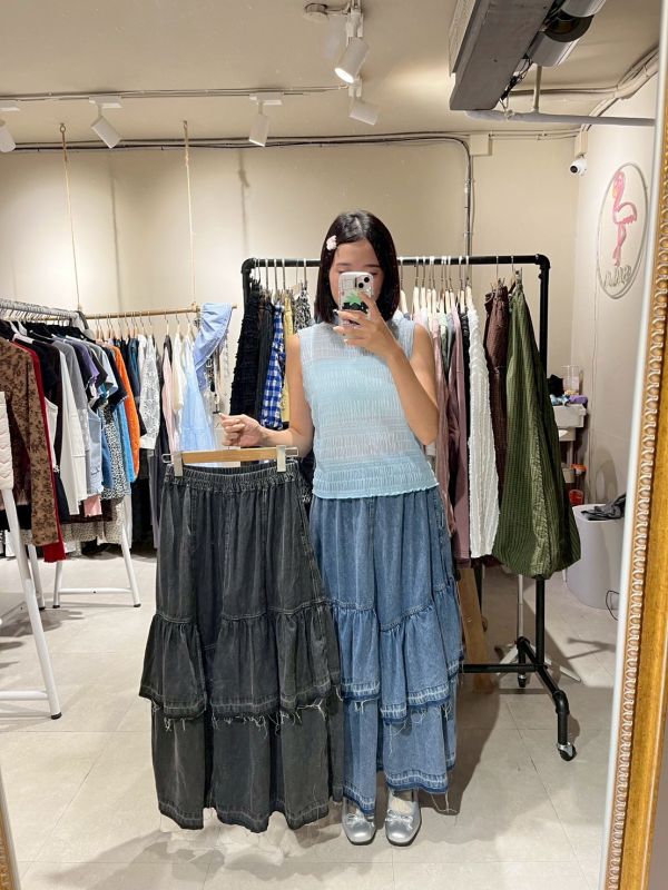 水洗色拼接蛋糕牛仔裙 