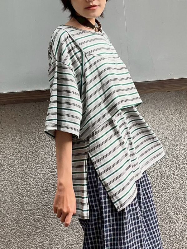 三色撞色條紋細肩可調背心+側開短袖T 