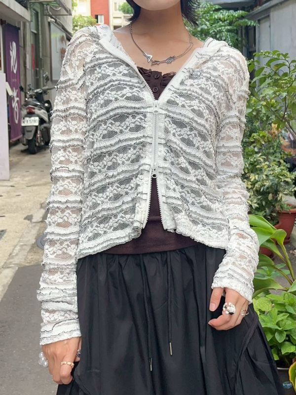 唯美蕾絲連帽雙拉鏈長袖外套 