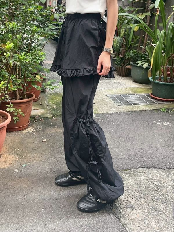 個性刷刷布捲邊短裙多層次抽繩雙口袋長褲 