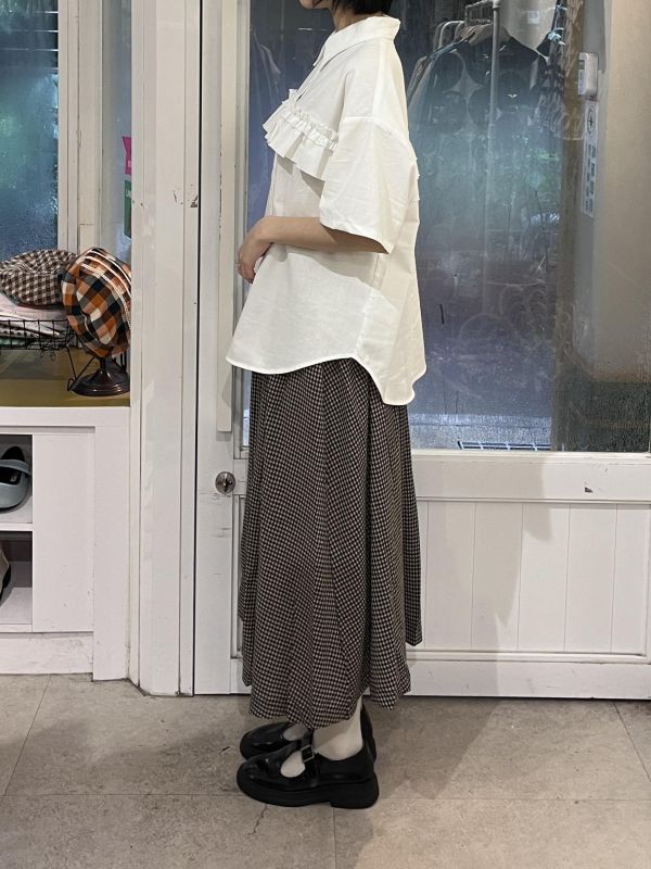 棉麻格紋長裙 