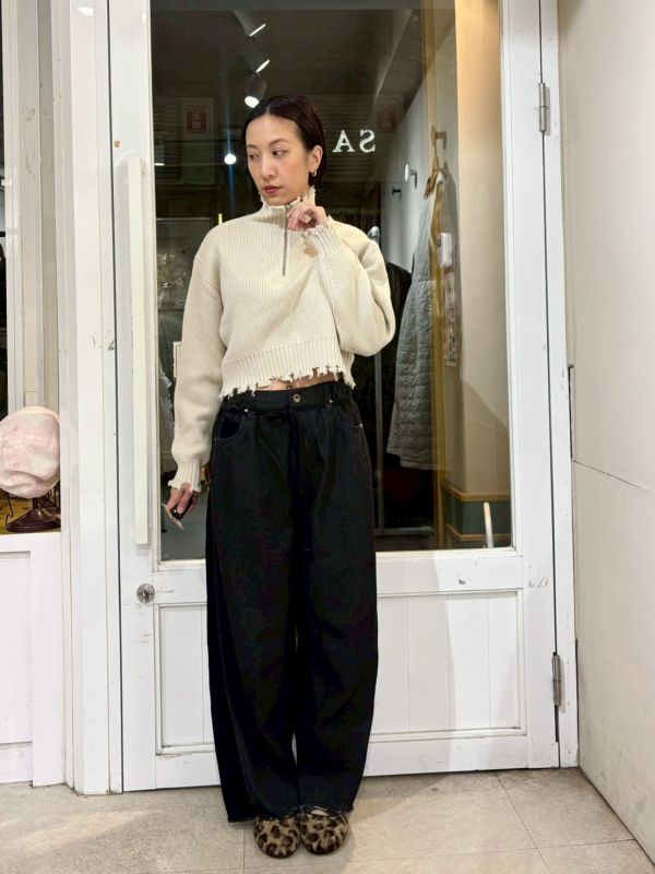 側邊細燈芯絨拼接牛仔褲 