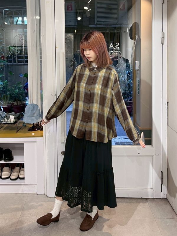 復古格紋棉麻排扣襯衫 
