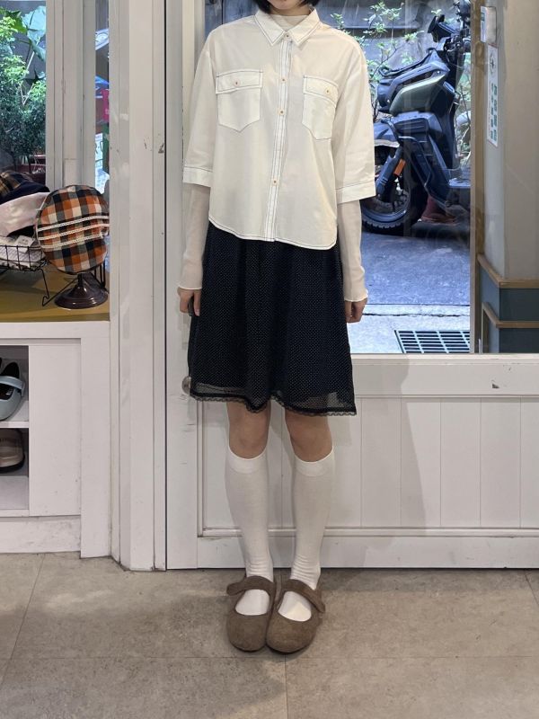 明線雙口袋短板五分袖襯衫 