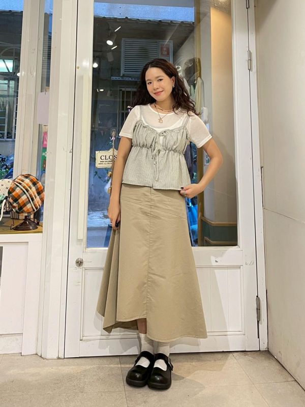 兩件式透膚短袖上衣x可調節細肩抓皺直條紋小背心 