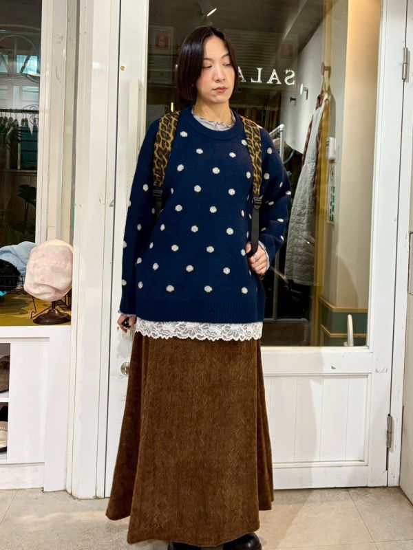 波點下擺拼接蕾絲長版針織毛衣 