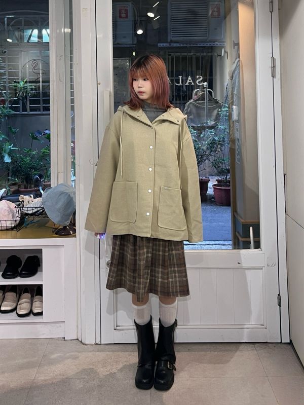 連帽抽繩格紋袖毛呢鋪棉外套 