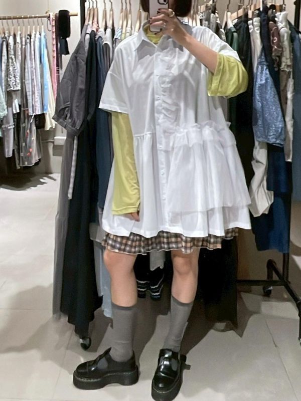 設計感抓皺紗拼接短袖襯衫 