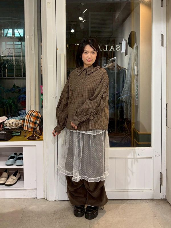 袖子蝴蝶結綁帶荷葉領格紋襯衫 