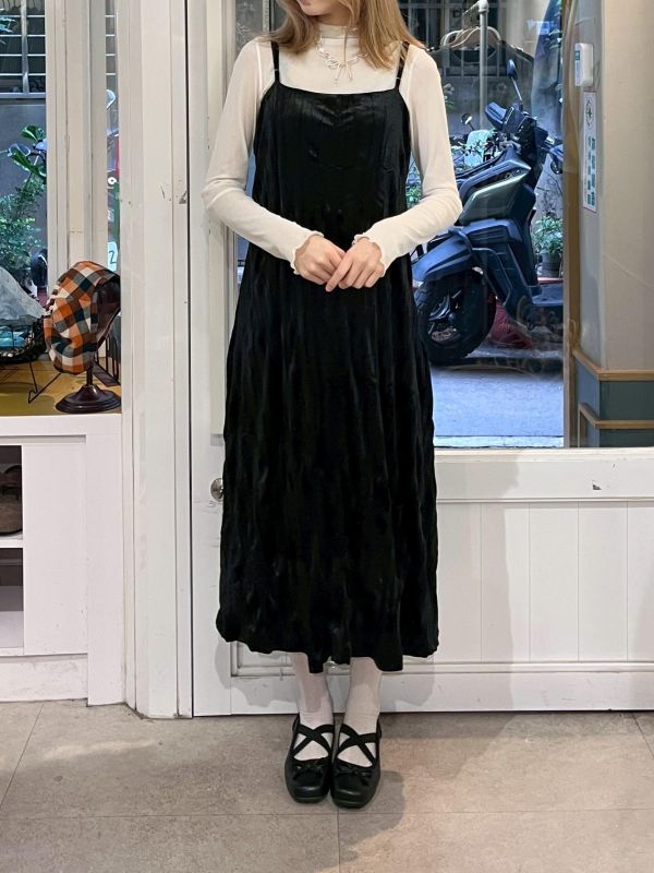 皺皺絲絨可調節吊帶長裙 