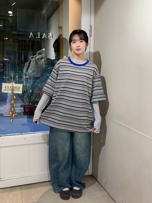 撞色圓領橫條紋寬鬆Tee 