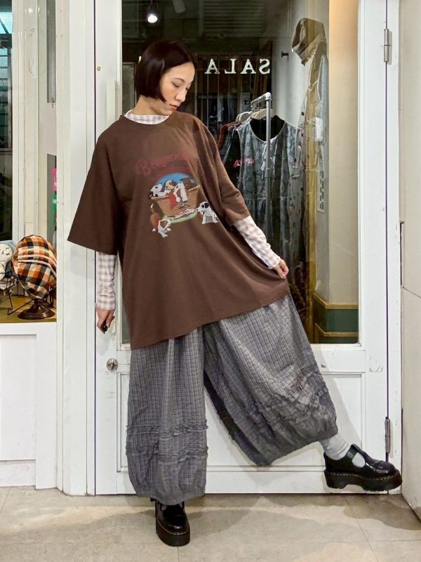 褲腳木耳細格紋花苞褲 