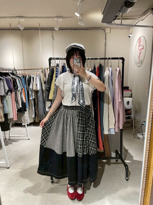 雙格紋拼接抽鬚長裙 