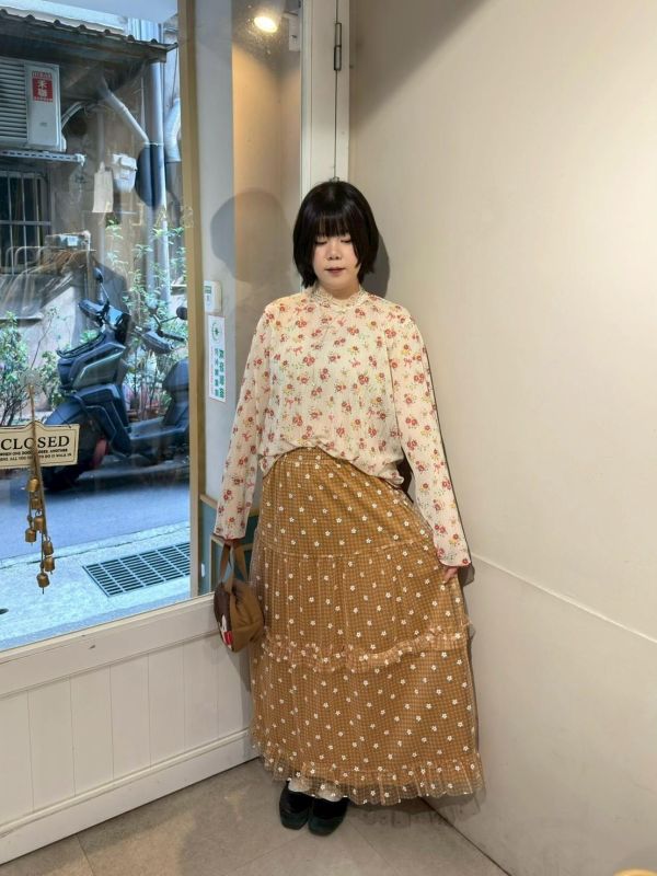 亮粉小花格紋荷葉鬆緊腰紗裙 