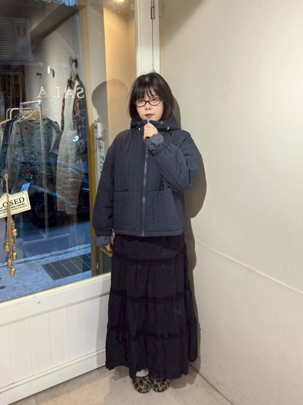 假兩件格紋滾邊袖口抽繩連帽外套 