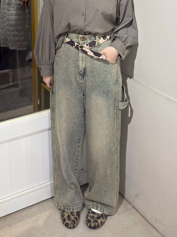 水洗後鬆緊腰口袋拼接小標牛仔長褲 