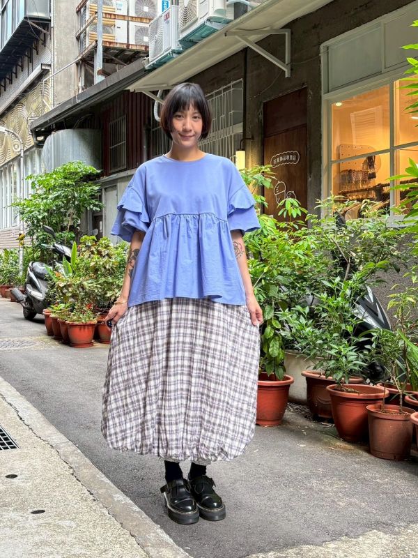 軟棉質格紋氣球裙 