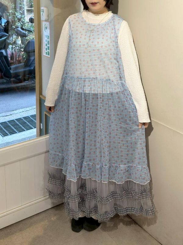 櫻桃格紋荷葉下擺透紗罩衫 