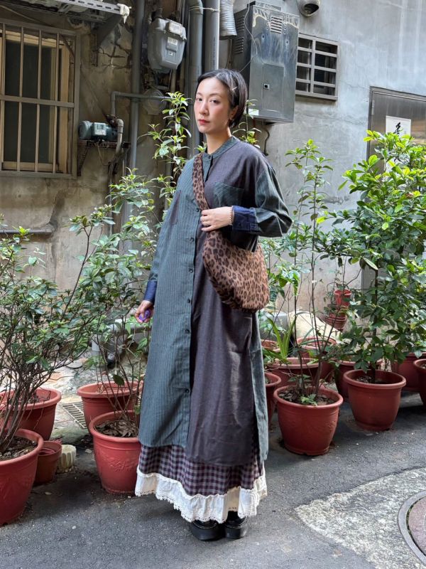 條紋拼接牛仔袖口長版襯衫洋裝 