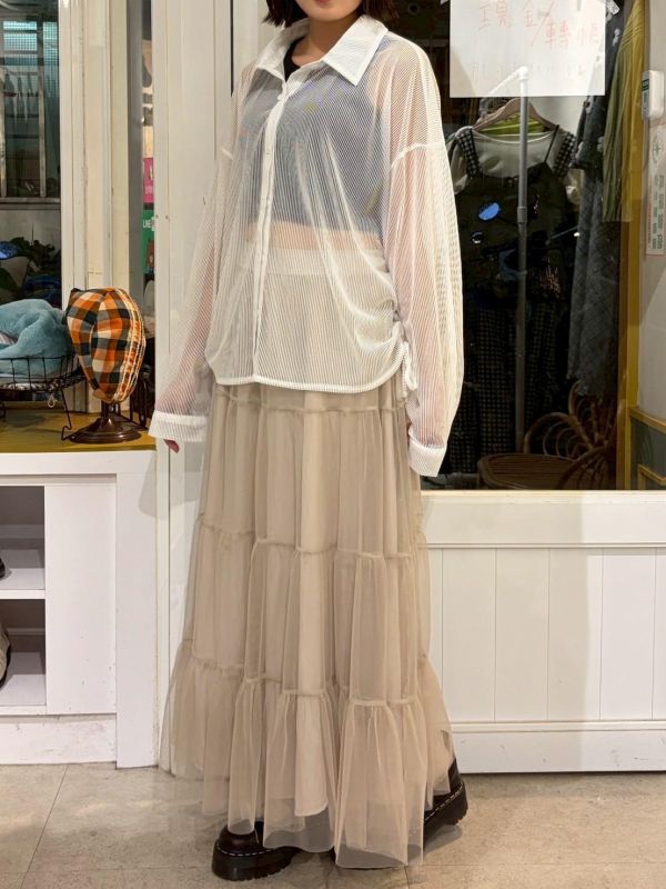 側邊魚骨抽皺直紋透膚襯衫 