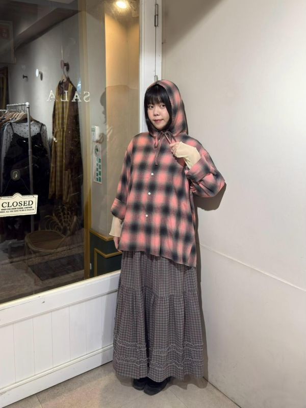 格紋排扣連帽綁帶襯衫外套 