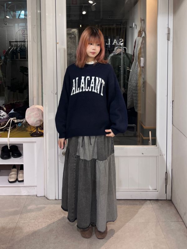 灰色牛仔方格拼接長裙 