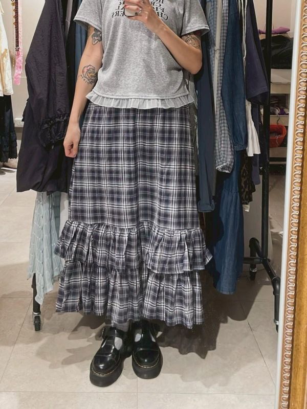 下擺雙層木耳格紋裙 