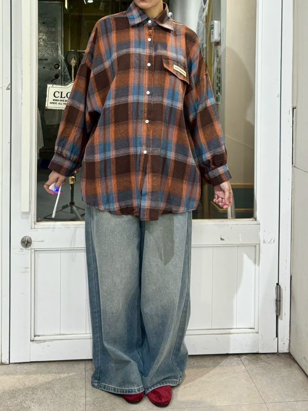 落肩橘藍棕格紋襯衫 