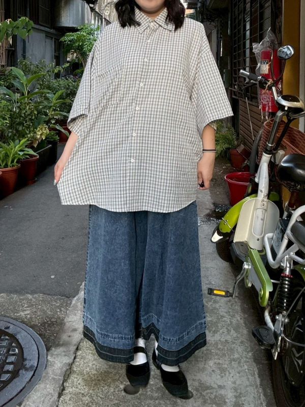 寬鬆泡泡布格紋襯衫 