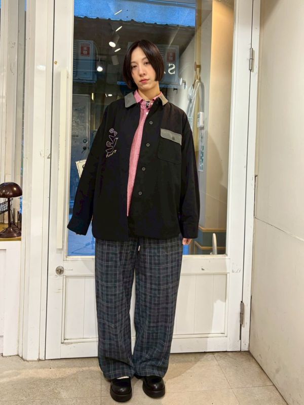 伸縮腰抽繩薄毛呢格紋褲 