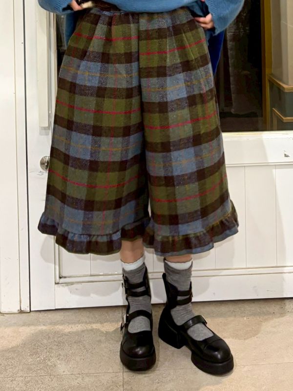 藍咖木耳邊格子七分寬褲 