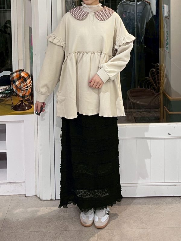 抽繩蕾絲花邊層次彈力長裙 