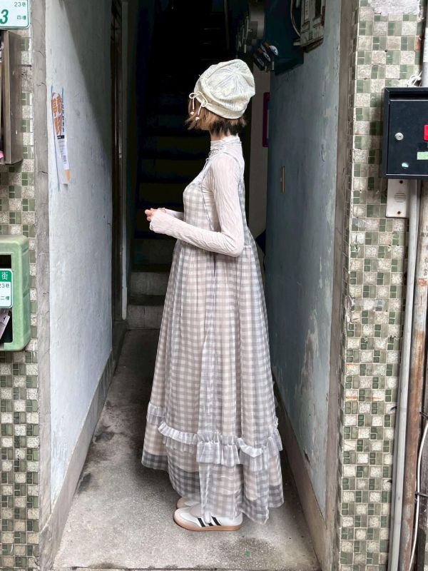格子雙層紗吊帶背心裙 