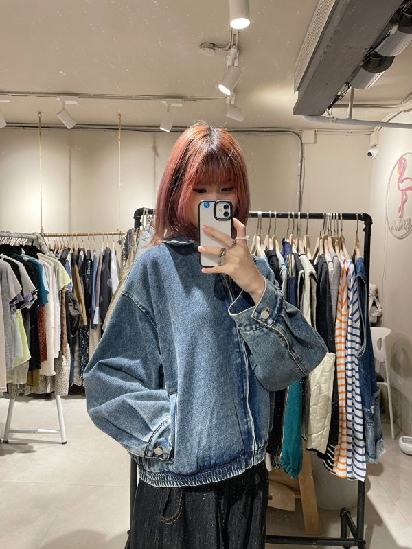 翻領做舊復古拉鍊牛仔外套 