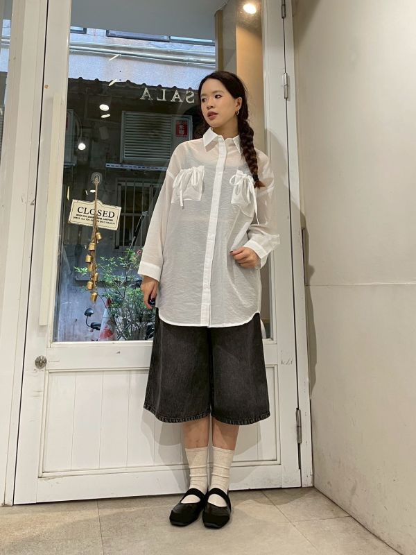 雙抽繩口袋透膚落肩長袖襯衫 