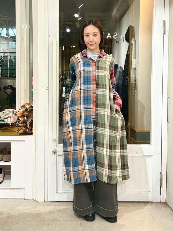 拼接格紋長版襯衫洋裝 