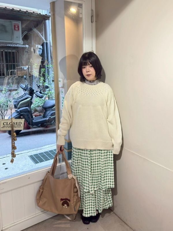 格紋滑料雙層滾邊下擺長裙 