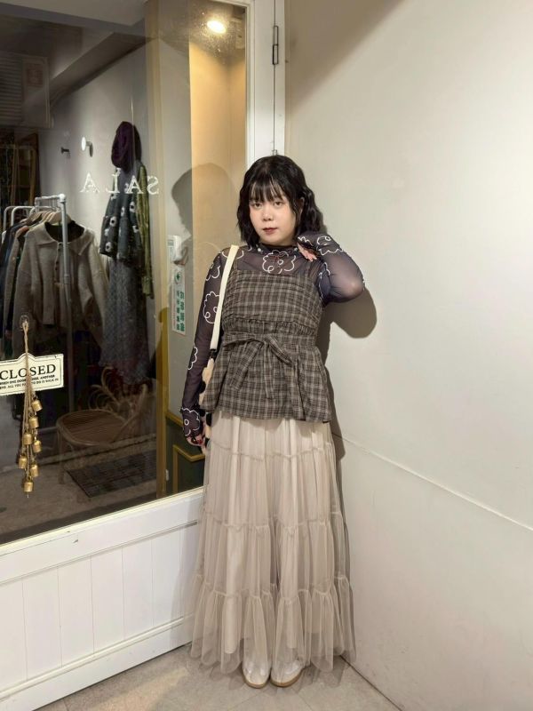 格紋抓皺散擺後鬆緊吊帶背心+綁帶 