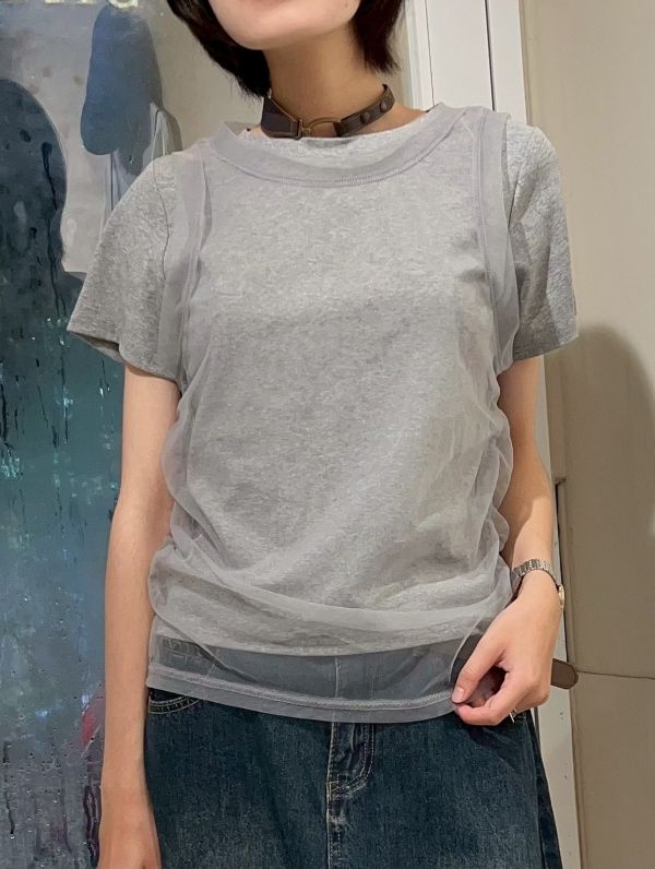 兩件式背心紗腰抓皺+素色短T 