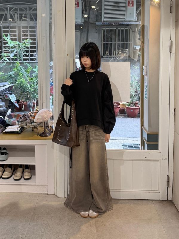 復古做舊水洗落地牛仔長褲 