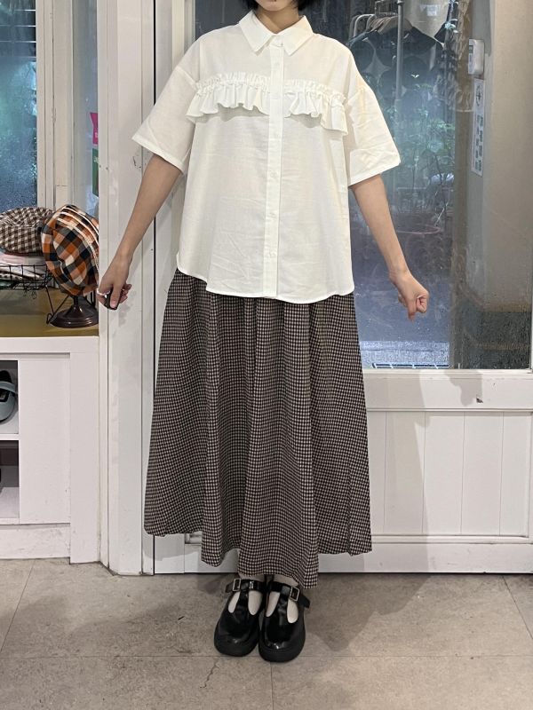 棉麻格紋長裙 