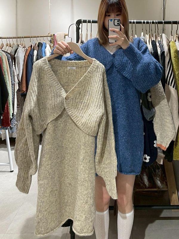 混線針織罩衫+吊帶洋裝兩件套 