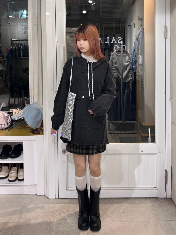 前短後長連帽抽繩大口袋牛仔長袖上衣 