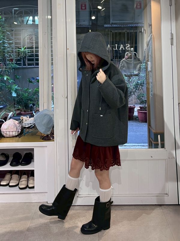 連帽抽繩格紋袖毛呢鋪棉外套 