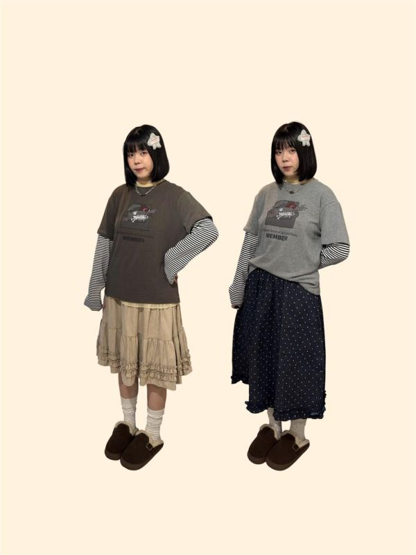 沙發貓狗假兩件條紋拼袖tee 