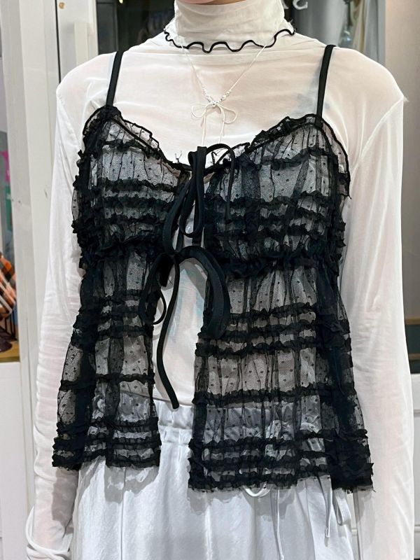 皺皺綁帶蕾絲彈力可調節吊帶背心 