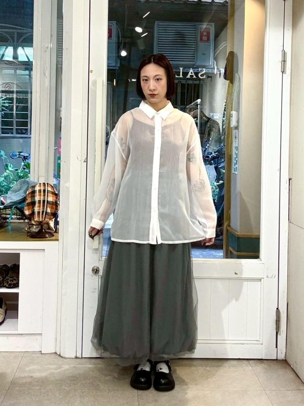 後開衩綁帶透膚襯衫 